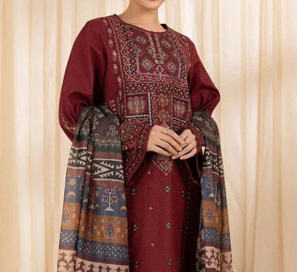 Sapphire-3PC luxury Embroidered with Wool shawl (DHANAK Fabric)