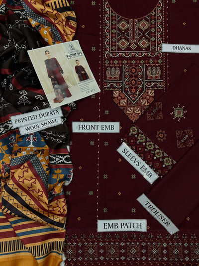 Sapphire-3PC luxury Embroidered with Wool shawl (DHANAK Fabric)