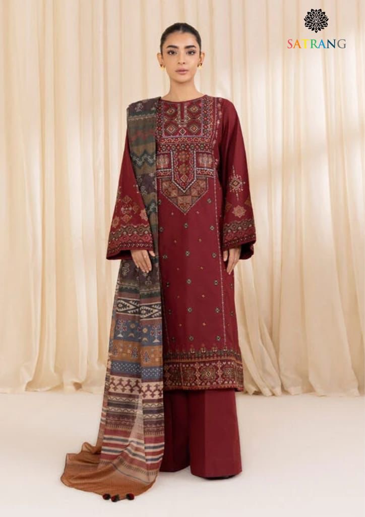 Sapphire-3PC luxury Embroidered with Wool shawl (DHANAK Fabric)