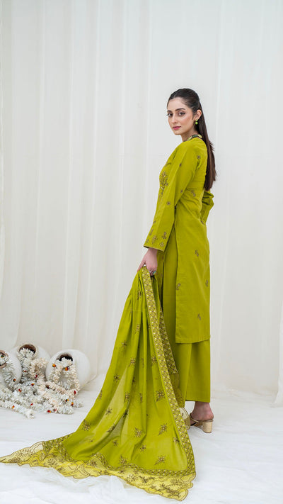 LEMON - 3PC LAWN EMBROIDERED SUIT WITH VOILE EMBROIDERED DUPATTA BY NAZAKAT