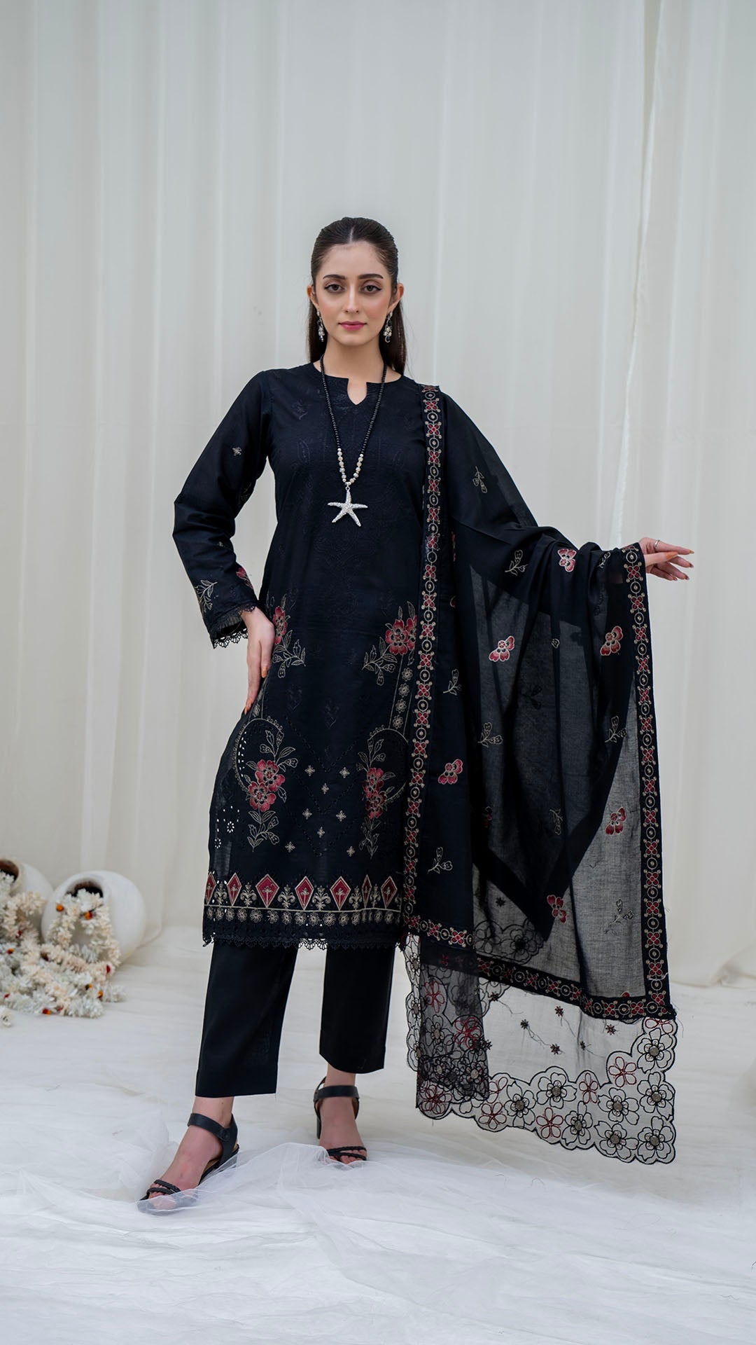 BLACK - 3PC LAWN EMBROIDERED SUIT WITH VOILE EMBROIDERED DUPATTA BY NAZAKAT