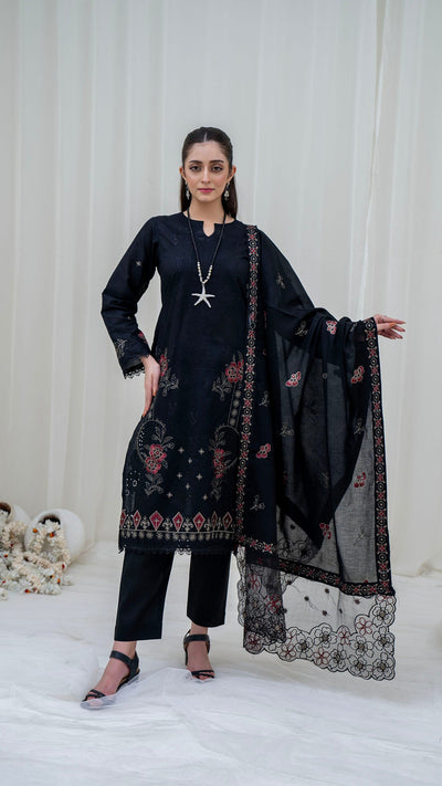 BLACK - 3PC LAWN EMBROIDERED SUIT WITH VOILE EMBROIDERED DUPATTA BY NAZAKAT