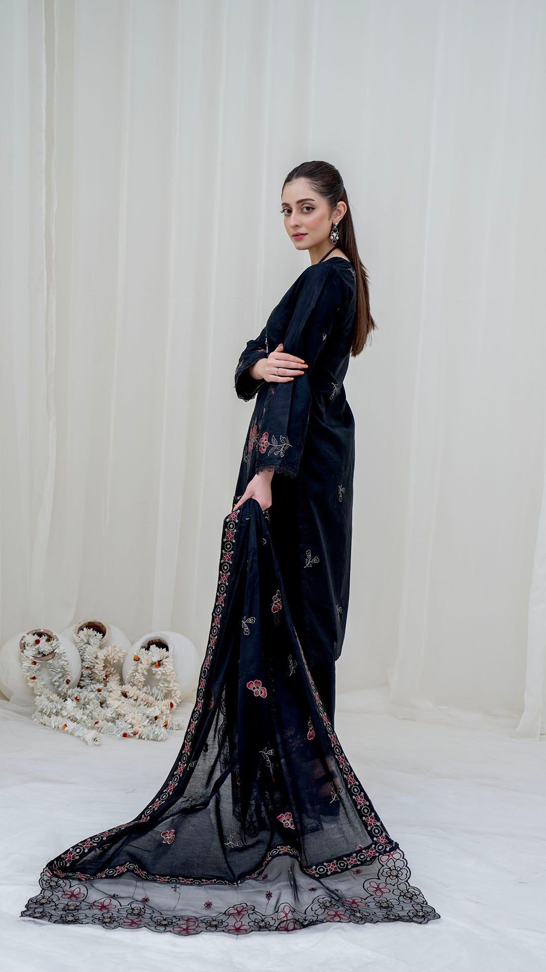 BLACK - 3PC LAWN EMBROIDERED SUIT WITH VOILE EMBROIDERED DUPATTA BY NAZAKAT
