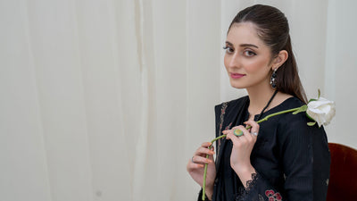 BLACK - 3PC LAWN EMBROIDERED SUIT WITH VOILE EMBROIDERED DUPATTA BY NAZAKAT