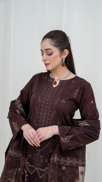 BROWN - 3PC LAWN EMBROIDERED SUIT WITH VOILE EMBROIDERED DUPATTA BY NAZAKAT