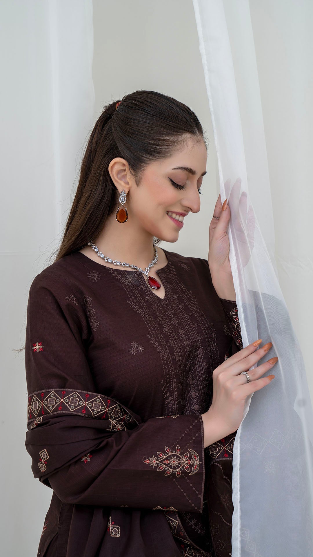 BROWN - 3PC LAWN EMBROIDERED SUIT WITH VOILE EMBROIDERED DUPATTA BY NAZAKAT