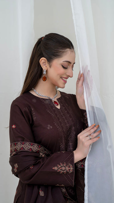 BROWN - 3PC LAWN EMBROIDERED SUIT WITH VOILE EMBROIDERED DUPATTA BY NAZAKAT